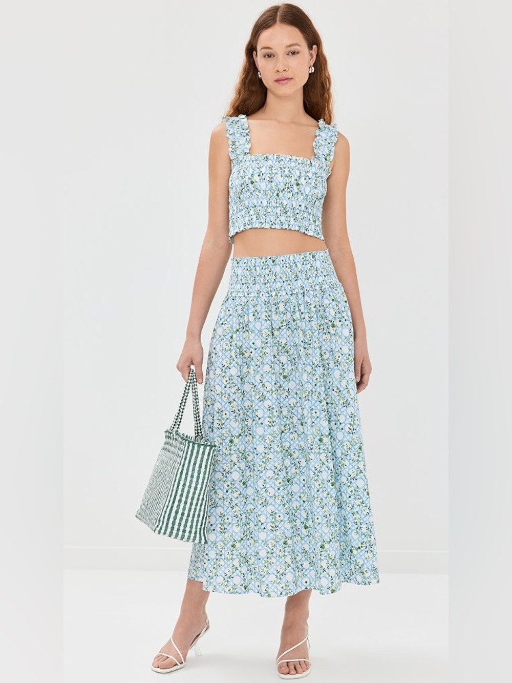 Hill House Light Blue Floral Smocked Maxi Skirt and Crop Top
